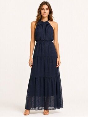ECOWISH Navy Swiss Dot Halter Tiered Maxi Dress Size M. #0244